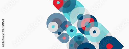 Abstract circles overlap, creating dynamic visual pattern. Teal, red, gray hues dominate simple background. Modern design element.