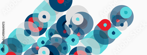 Abstract composition featuring overlapping circles. Various shades blue, gray, red create dynamic visual texture. Minimalist design, clean aesthetic.