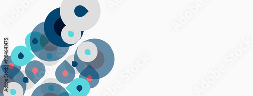 Abstract circles overlap, creating dynamic composition. Blues, teals, grays dominate white background. Modern design element.