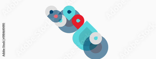 Abstract geometric shapes overlap, creating layered visual effect. Colors include blue, red, teal, gray. Minimalist design on white background.