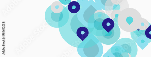 Abstract design features overlapping circles, varying shades blue, white background. Minimalist composition suggests connection, data points.