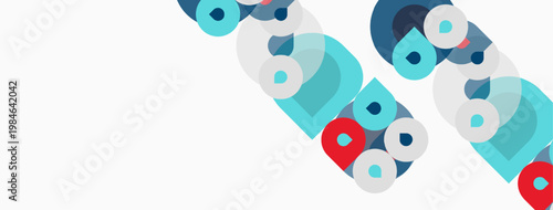 Abstract geometric shapes overlap, creating dynamic visual pattern. Blue, gray, red circles, squares dominate white background. Modern design.