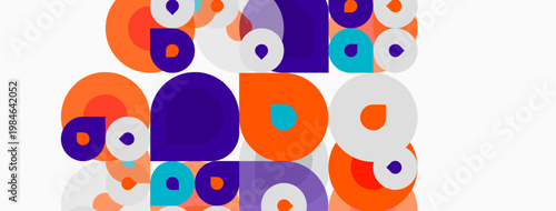 Abstract circles overlap, creating vibrant patterns. Orange, purple, turquoise hues dominate white background. Modern design elements present.