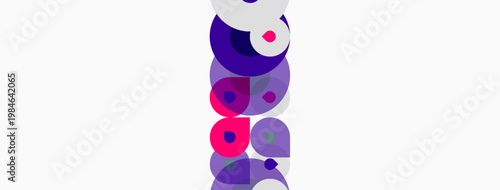 Abstract composition featuring overlapping purple circles, varying sizes, white background. Modern design, simple shapes, vibrant hues.