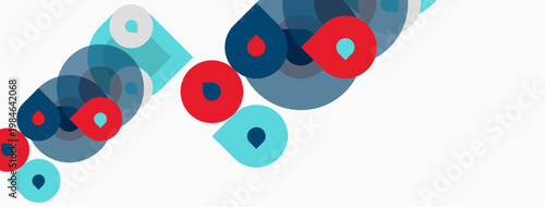 Abstract geometric shapes, circles, overlapping colors. Blue, red, teal hues dominate simple design. Modern aesthetic.