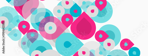 Abstract background features overlapping circles, pinks, blues. Modern design, simple shapes create dynamic visual texture.