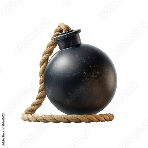 Realistic cartoon style round black bomb with fuse rope, matte metallic sphere explosive isolated on transparent background