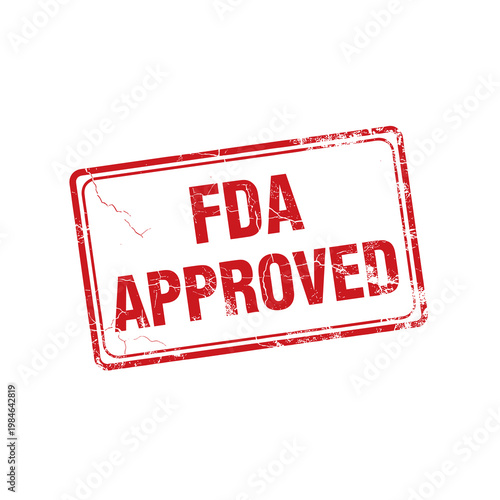 FDA Approved red rubber stamp vector, distressed vintage seal for medical and food safety compliance, grunge textured certification mark