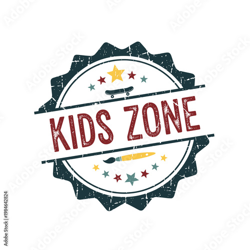 Vintage Kids Zone rubber stamp vector, distressed playground emblem with skateboard and paintbrush, retro children play area logo sign