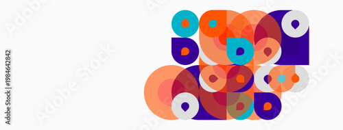 Abstract shapes overlap, creating vibrant composition. Orange, purple, teal dominate color scheme. Modern design, playful aesthetic.