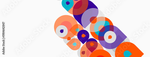 Abstract colorful circles overlap, creating dynamic composition. Shapes vary sizes, hues, offering visual interest. Modern design.