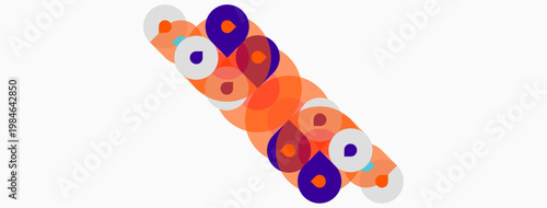 Abstract colorful circles, orange, purple, peach tones. Diagonal arrangement creates dynamic visual impact. Simple shapes, modern design.
