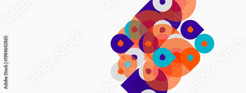 Abstract colorful circles overlap, creating dynamic composition. Shapes vary size, hue, texture. Minimalist design, clean background.