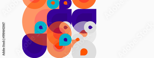 Abstract composition featuring overlapping circles, squares, vibrant orange, purple hues. Minimalist design, clean lines, modern aesthetic.