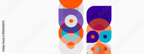 Abstract geometric shapes overlap, creating colorful patterns. Circles, squares, and curves form dynamic composition. Bright hues dominate design.