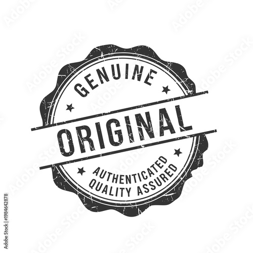 Vintage genuine original rubber stamp vector, black authenticated quality assured seal, distressed circular badge for product certification