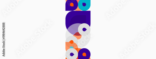 Abstract geometric shapes form tower. Purple, orange, white colors dominate composition. Minimalist design, modern aesthetic.