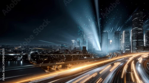 Futuristic cityscape night aerial view with glowing light trails dynamic digital particles urban environment