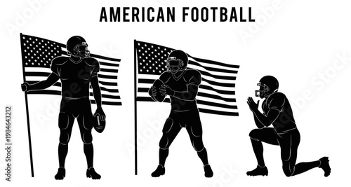 American football players with US flags in silhouette style for sports and patriotism concepts