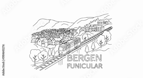 Stylized line art of a historic funicular train ascending a steep, house-covered hill