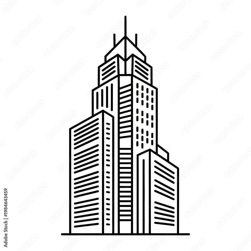 Fototapeta premium Outline vector icon of a modern skyscraper building with high rise, real estate