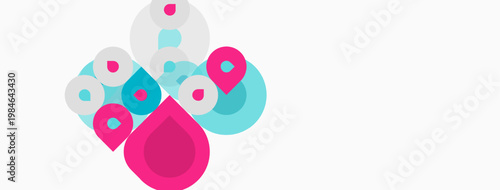 Abstract colorful shapes overlap, creating dynamic visual composition. Pink, turquoise, white dominate design. Simple, modern aesthetic.