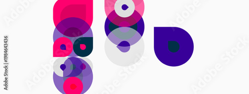 Abstract composition featuring overlapping circles. Pink, purple hues dominate white background. Modern, minimalist design elements present.