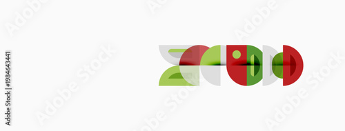 Abstract geometric shapes overlap. Green, red hues dominate composition. Minimalist design, clean lines present modern aesthetic.