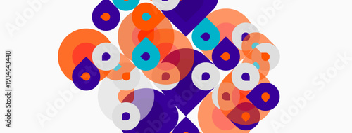 Abstract composition featuring overlapping circles, vibrant hues, purple, orange, teal. Modern design, clean aesthetic, geometric shapes dominate.