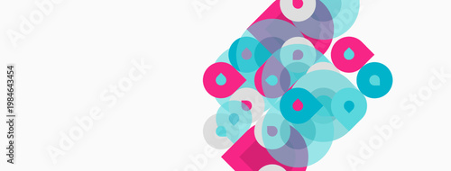 Abstract circles overlap, creating vibrant pink, turquoise hues. Minimalist design, clean background, modern aesthetic. Simple shapes suggest connection.