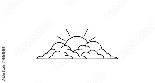 Minimalist line art sunrise behind clouds with minimalist, illustration