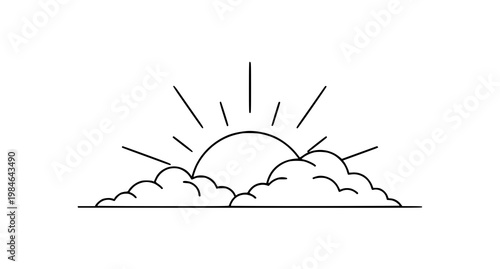 Simple line drawing of sun rising over clouds with minimalist, daybreak