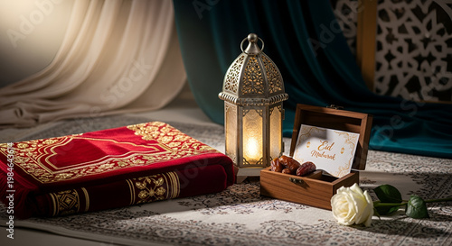 Islamic Prayer Setup with Quran, Lantern and Prayer Beads, Elegant Ramadan and Eid Worship Scene, Spiritual Atmosphere with Warm Lighting, Faith, Devotion and Religious Interior Concept