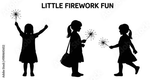 Children silhouettes holding sparklers during festive celebration on white background