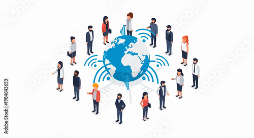 Isometric Illustration of Global Connectivity and Worldwide Network: Diverse People Around the Globe Connected by Wireless Signals for International Business and Communication