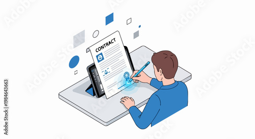 Man Signing Digital Contract on Tablet with Stylus Isometric Illustration. Electronic Signature, E-contract, Business Legal Agreement and Paperless Office Concept