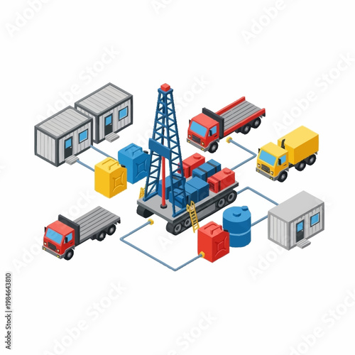 Oil Rig Equipment and Transportation Logistics Illustration.