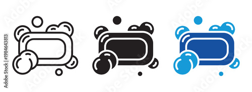 Soap bar icon set with foam bubbles hygiene and cleaning symbols in outline and solid style vector illustration collection