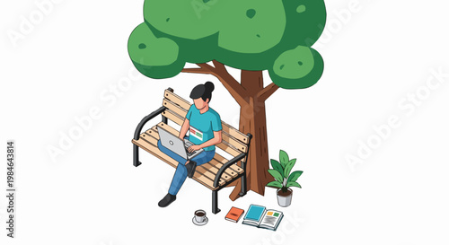 Freelance Woman Working on Laptop on Park Bench Under Tree, Remote Work and Digital Nomad Concept Illustration Isolated on White Background