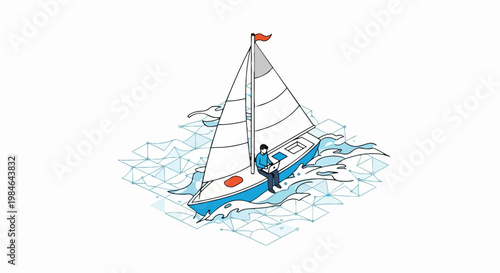 Digital Nomad Concept: Isometric Illustration of Professional Working on Laptop from Sailboat over Networked Data Ocean