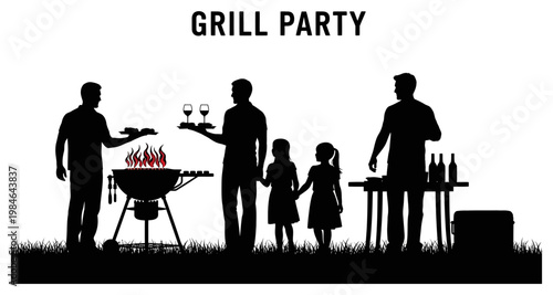 Family enjoying a barbecue party with grilling and drinks during summer evening