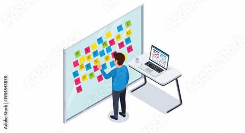 Isometric Illustration of Man Planning Project on Glass Whiteboard with Sticky Notes and Laptop for UI UX Design and Agile Workflow