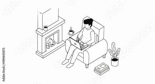 Woman Freelancer Working on Laptop in Cozy Living Room with Fireplace Isometric Line Art Illustration
