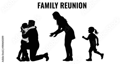 Family reunion silhouette with parents embracing children during happy moment