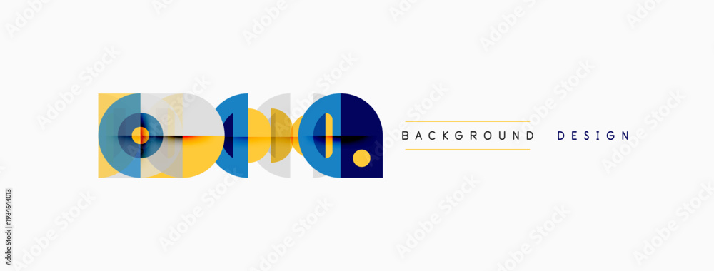 Fototapeta premium Abstract geometric shapes, vibrant colors, modern design elements. Background features overlapping circles, squares, lines.