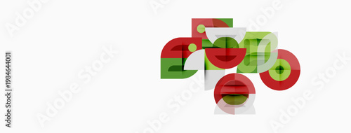 Abstract geometric shapes overlap. Red, green, gray colors dominate composition. Minimalist design, flat vector illustration.