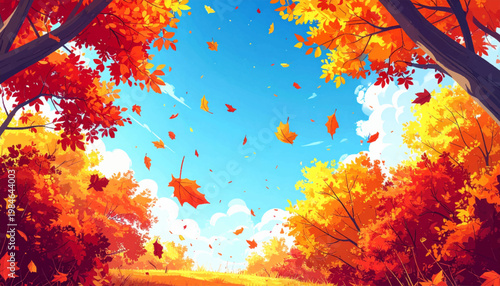 Floating maple leaves across bright azure sky with glowing treetops. Colorful fall canopy opening above radiant clouds and breezy air. Festive seasonal backdrop for greeting card advertising artwork