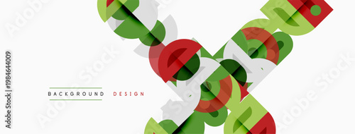 Abstract geometric shapes overlap, creating dynamic colorful background. Green, red, gray tones dominate composition. Minimalist design.