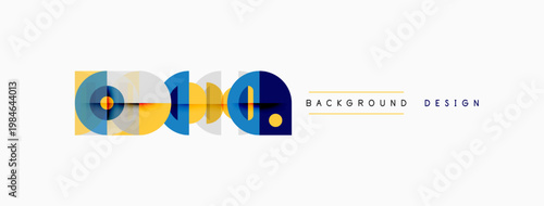 Abstract geometric shapes, vibrant colors, modern design elements. Background features overlapping circles, squares, lines.