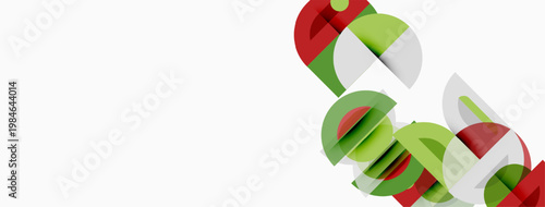 Abstract geometric shapes, red, green, white. Minimalist design, overlapping circles create dynamic composition. Clean lines, modern aesthetic.